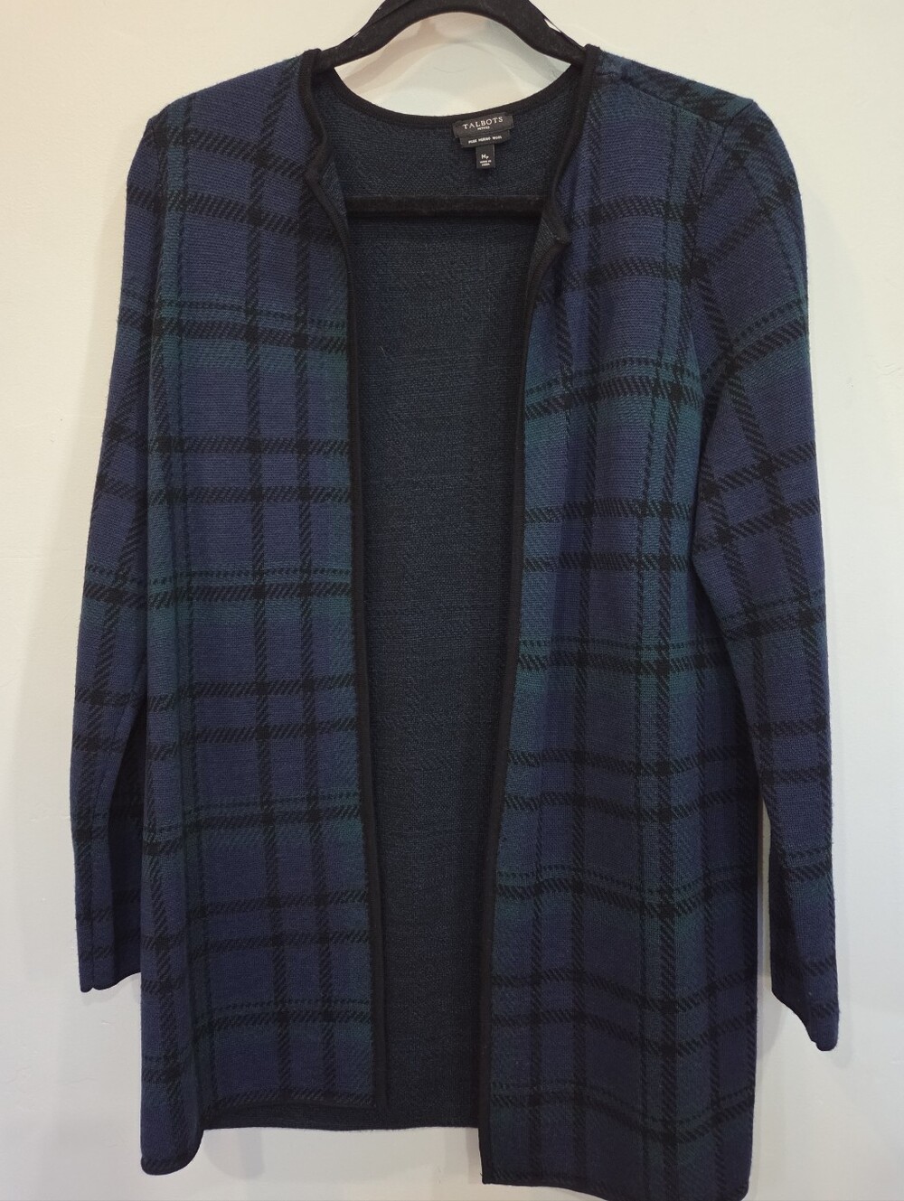 Talbots Blue Green Tartan Plaid Merino Wool Cardigan Sweater Size MP Open Front